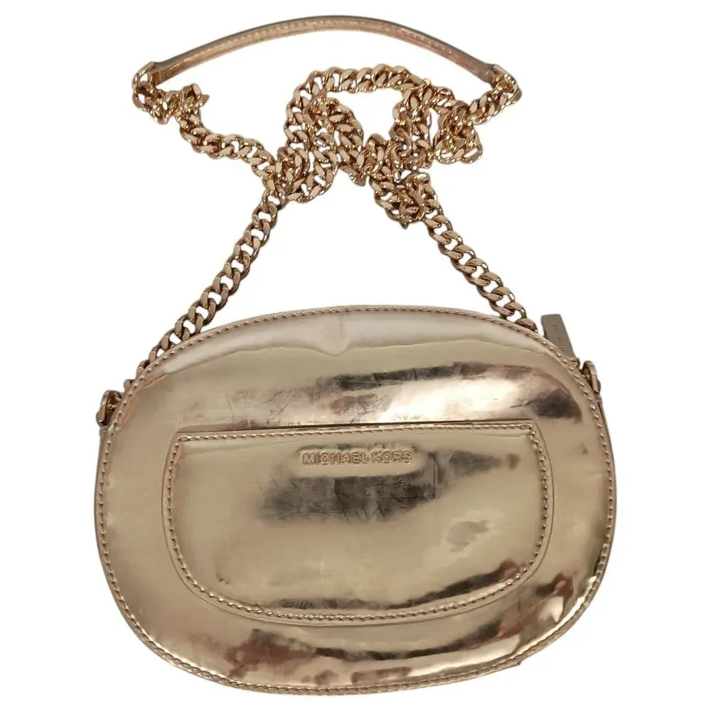 Michael Kors Handbag Small Womens Gold Leather Crossbody Chain Strap Fabric Zip